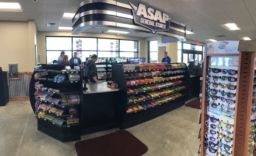 Store counter with snacks and checkout